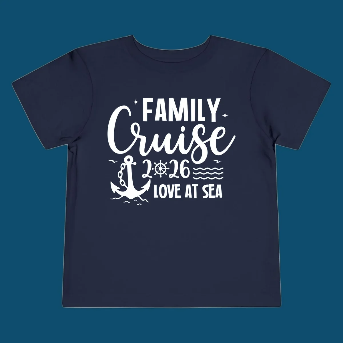 A white family cruise 2026 love at sea design featuring an anchor, ship wheel, waves, stars, and seagulls.