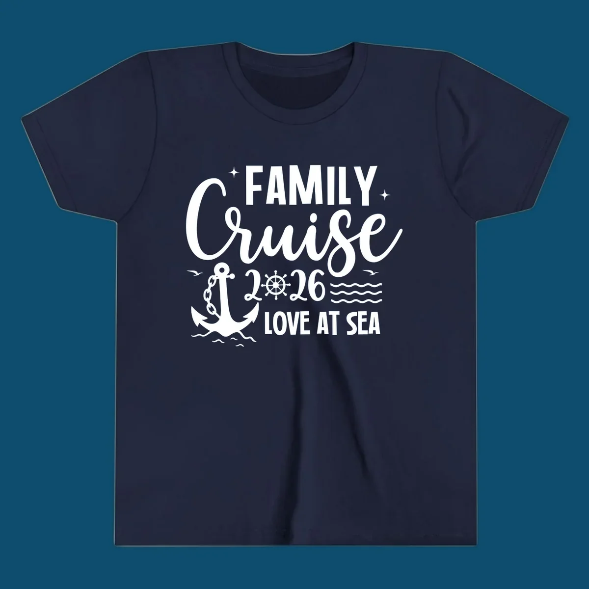 A white family cruise 2026 love at sea design featuring an anchor, ship wheel, waves, stars, and seagulls.