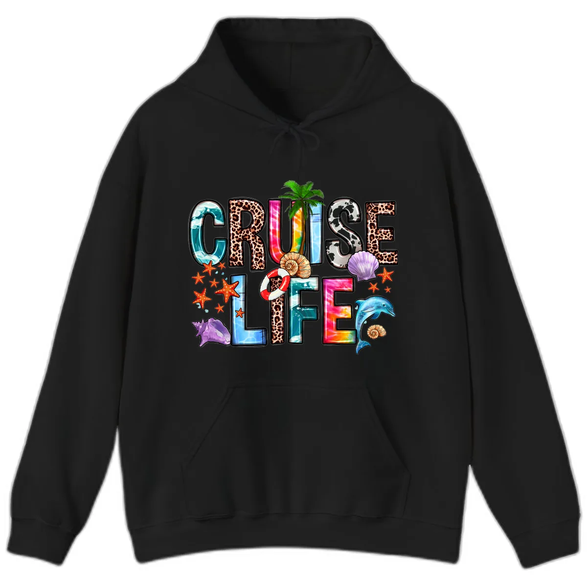 Cruise Life Fun Patterns and Ocean Elements Hoodie in Black