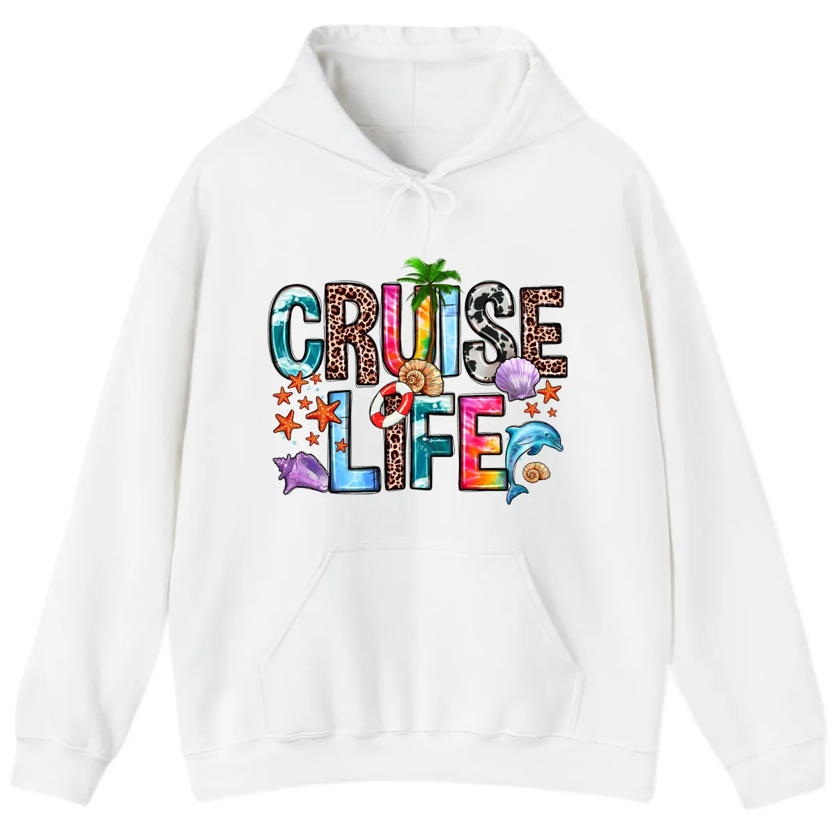 Cruise Life Fun Patterns and Ocean Elements Hoodie in White