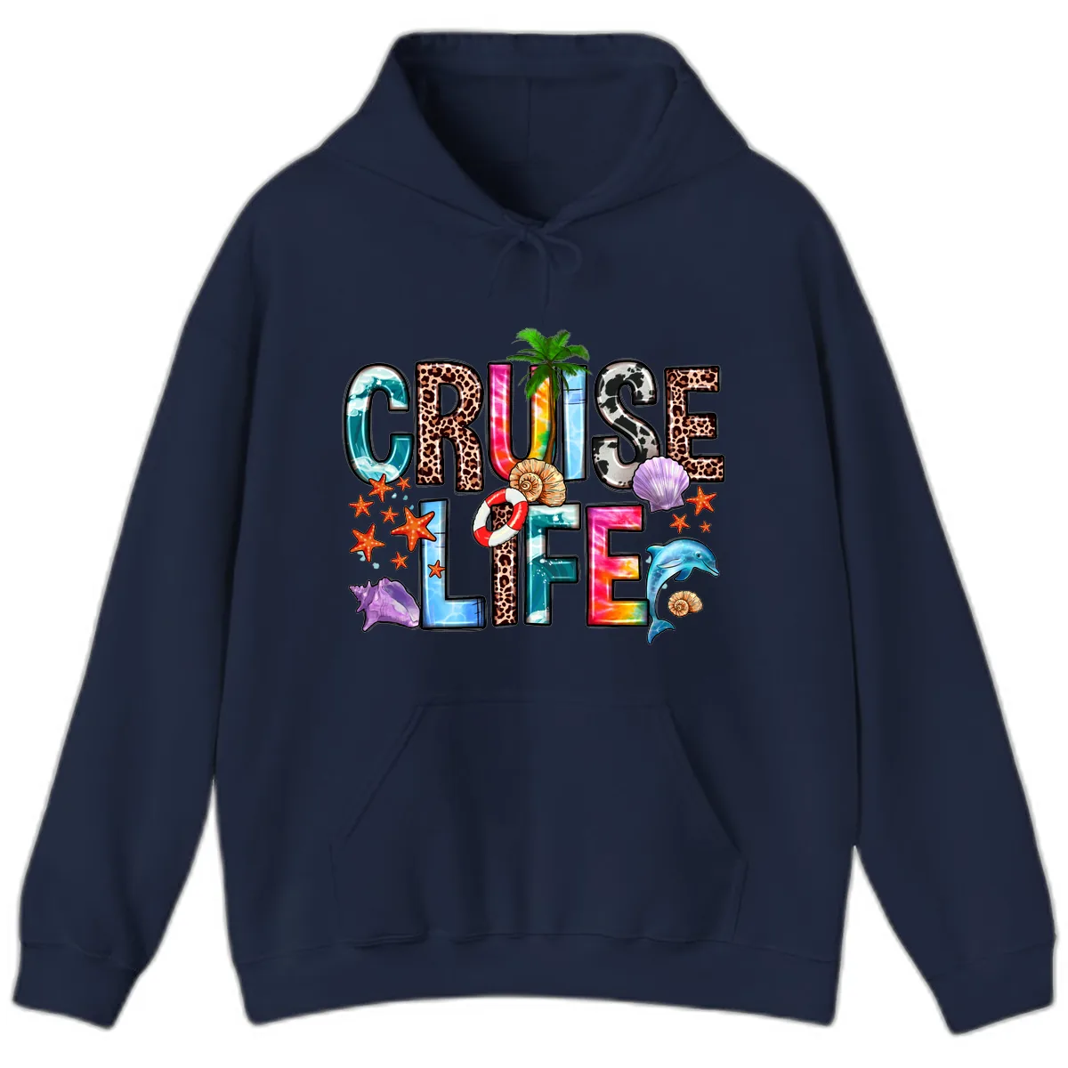 Cruise Life Fun Patterns and Ocean Elements Hoodie in Navy