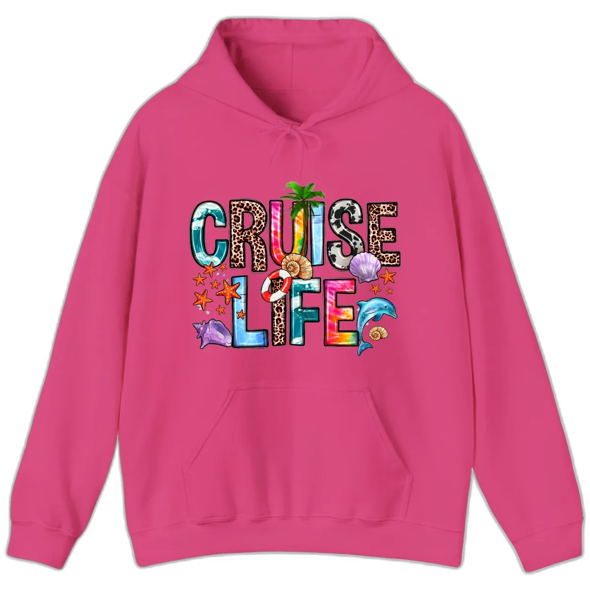 Cruise Life Fun Patterns and Ocean Elements Hoodie in Heliconia