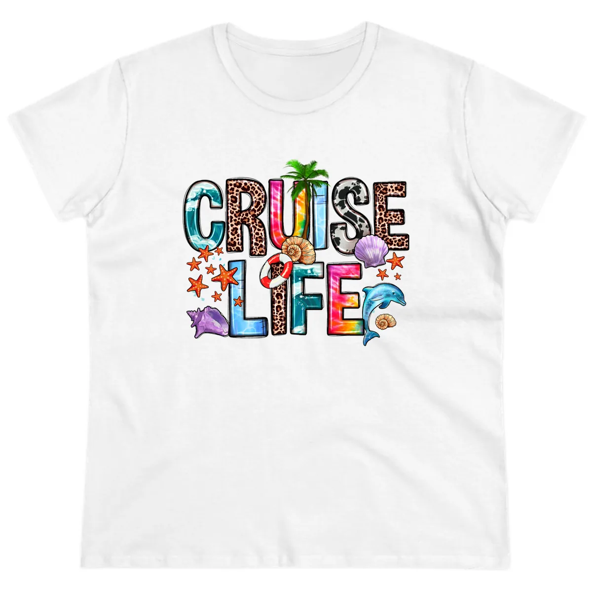 Cruise Life Fun Patterns and Ocean Elements Ladies Tee in White