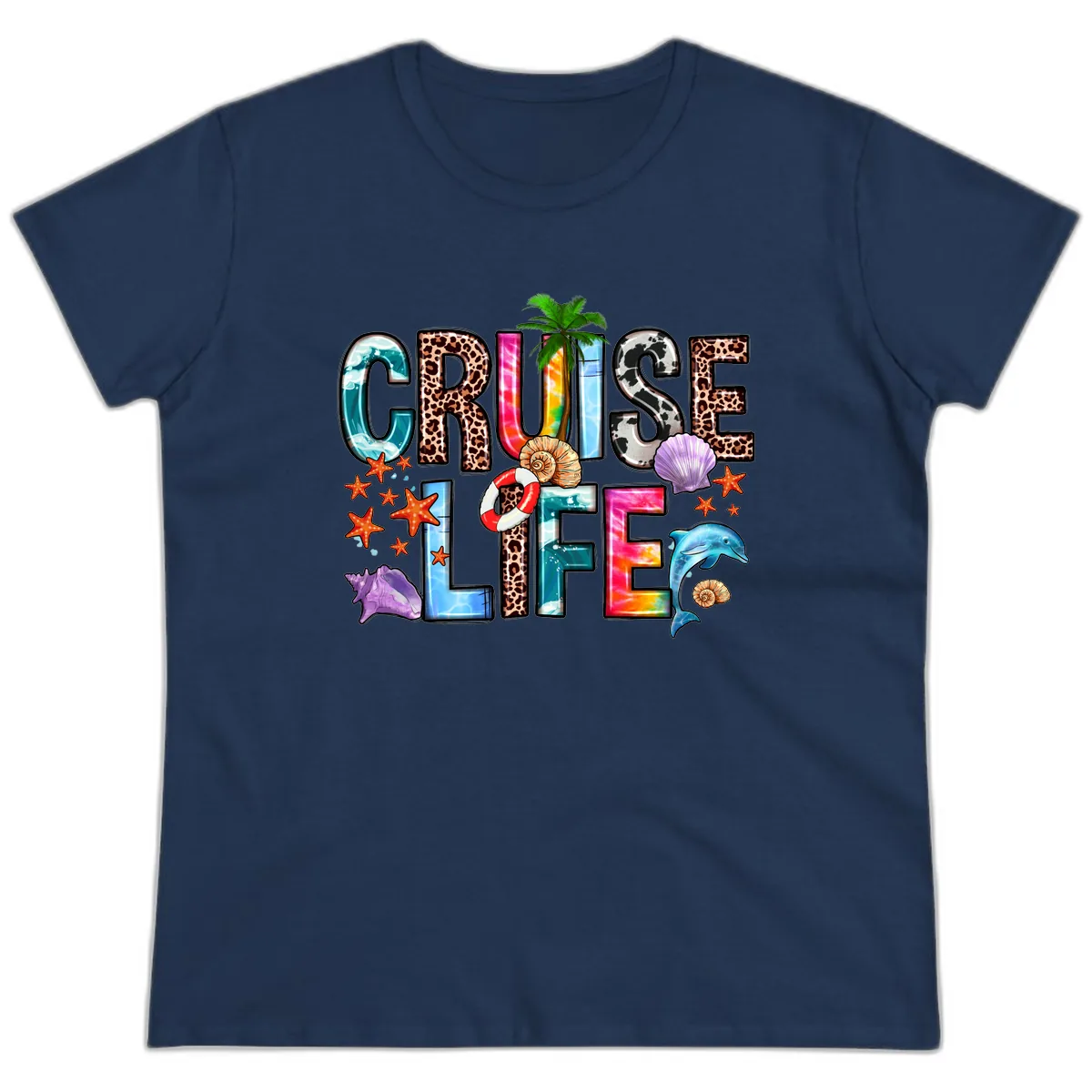 Cruise Life Fun Patterns and Ocean Elements Ladies Tee in Navy