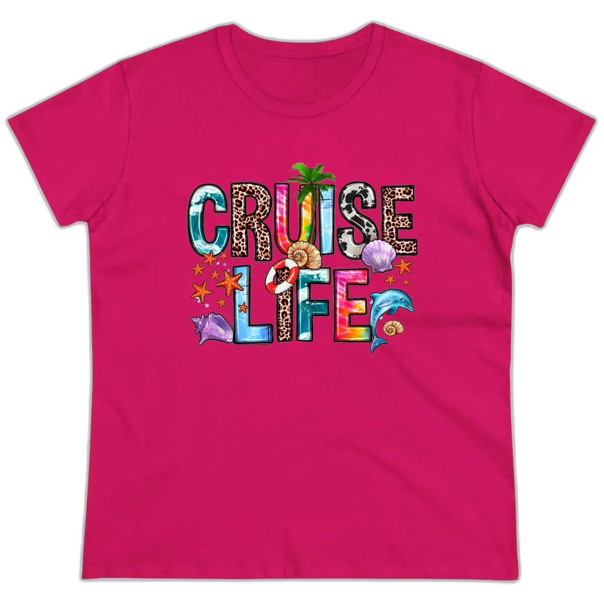 Cruise Life Fun Patterns and Ocean Elements Ladies Tee in Heliconia