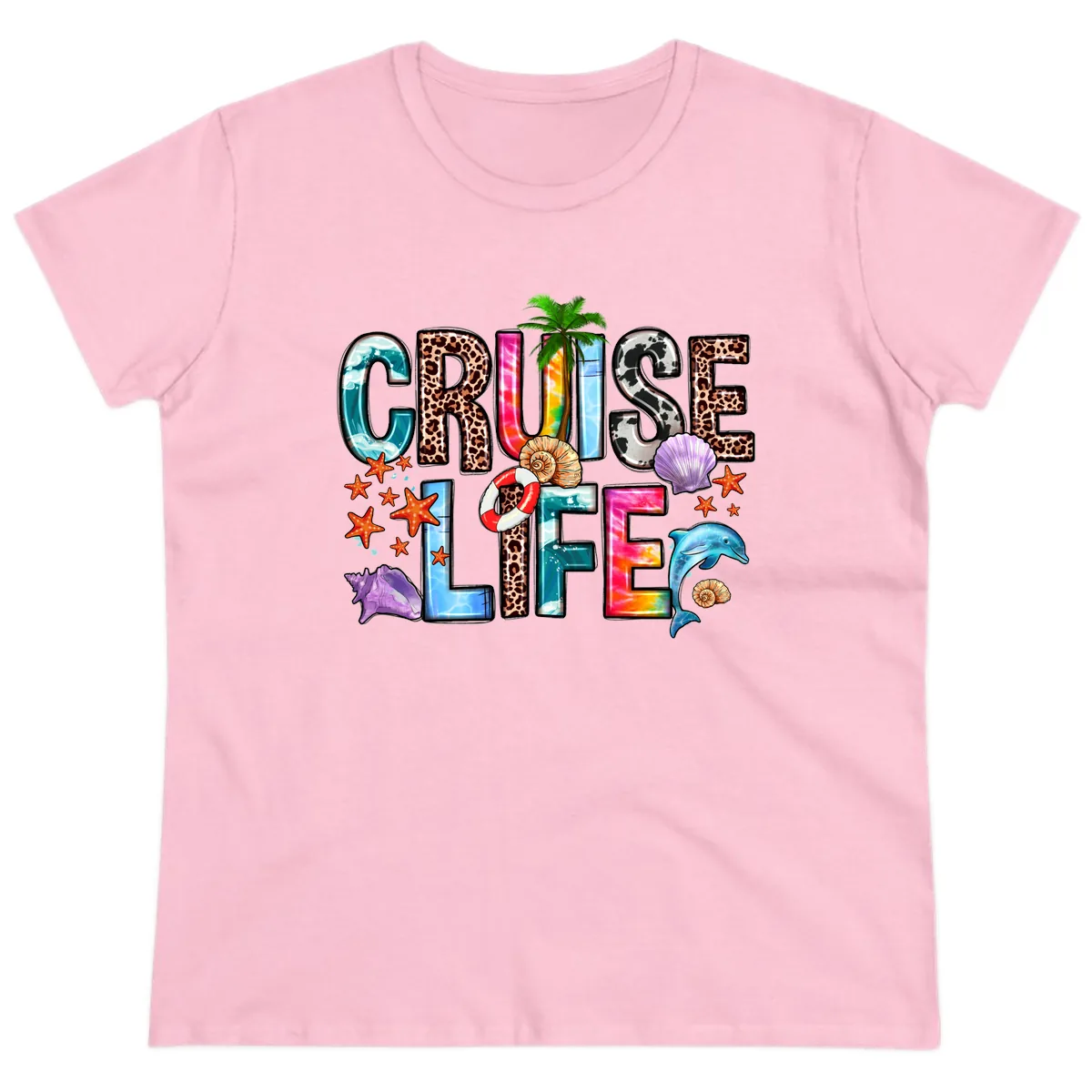 Cruise Life Fun Patterns and Ocean Elements Ladies Tee in Light Pink