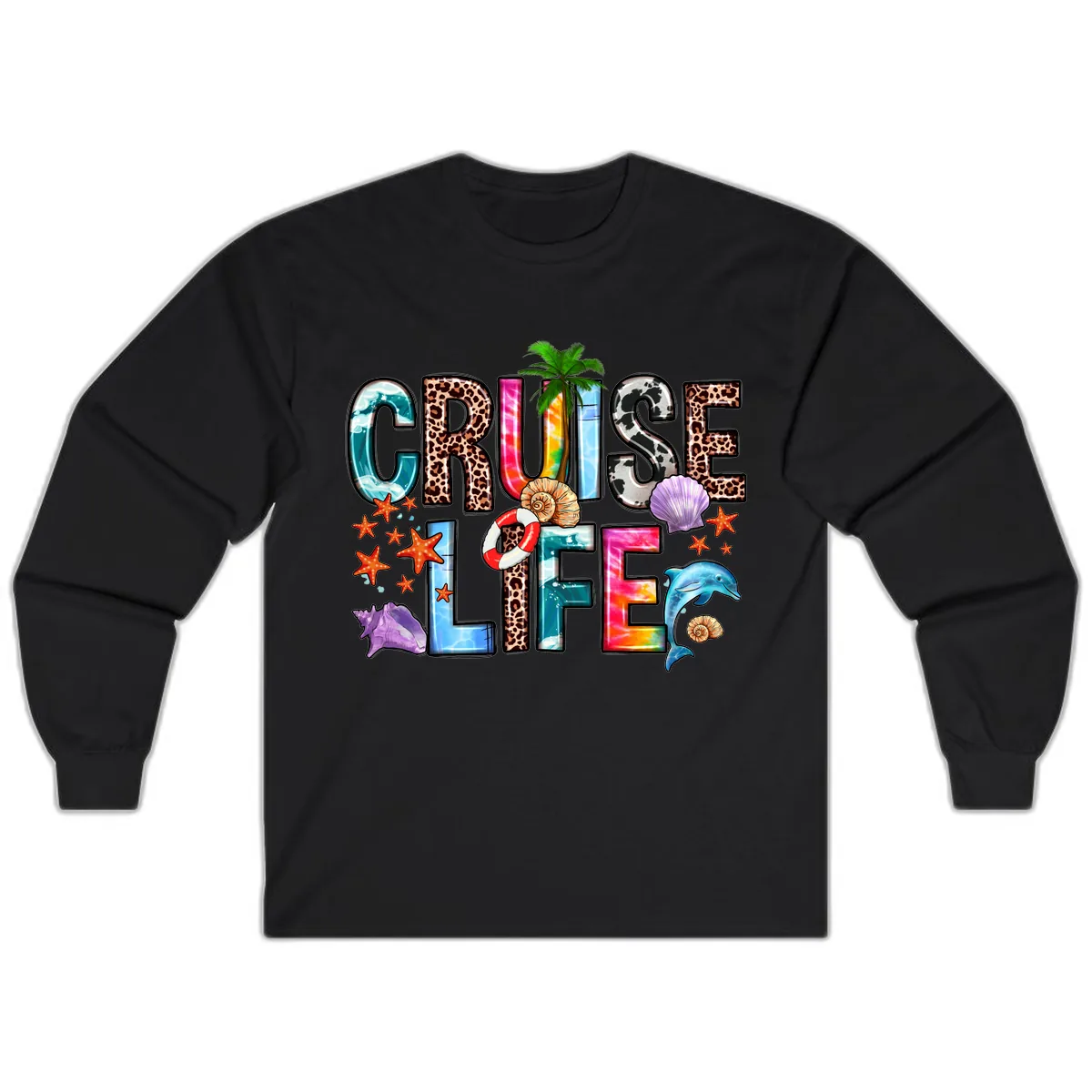 Cruise Life Fun Patterns and Ocean Elements Long Sleeve in Black