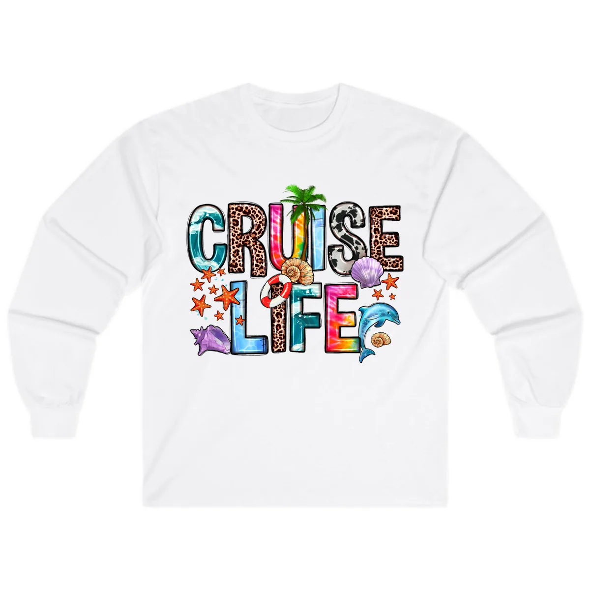 Cruise Life Fun Patterns and Ocean Elements Long Sleeve in White