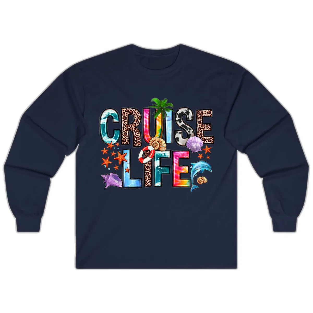 Cruise Life Fun Patterns and Ocean Elements Long Sleeve in Navy