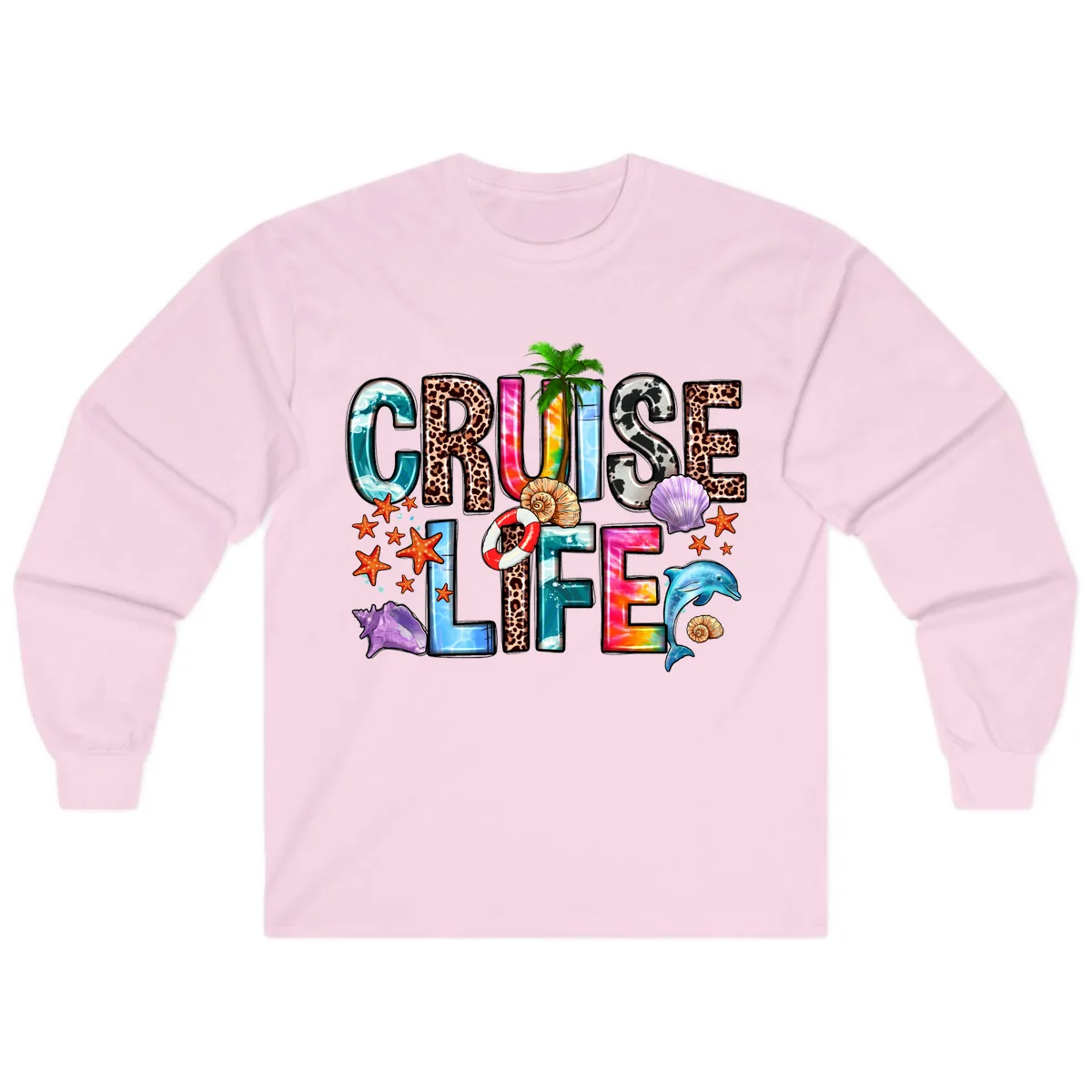 Cruise Life Fun Patterns and Ocean Elements Long Sleeve in Light Pink