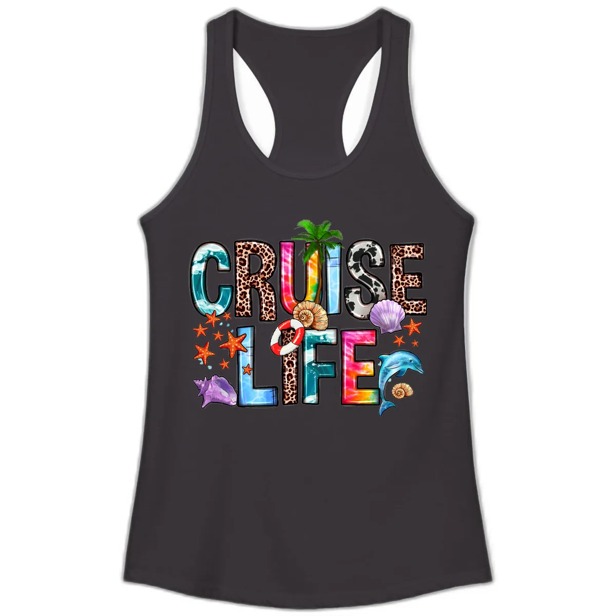 Cruise Life Fun Patterns and Ocean Elements Ladies Tank in Black