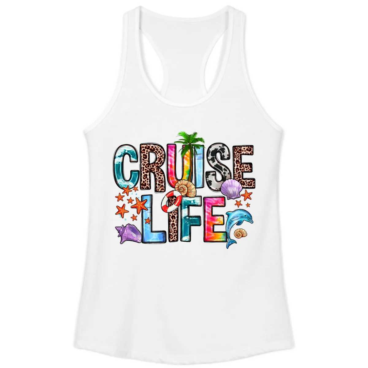 Cruise Life Fun Patterns and Ocean Elements Ladies Tank in White