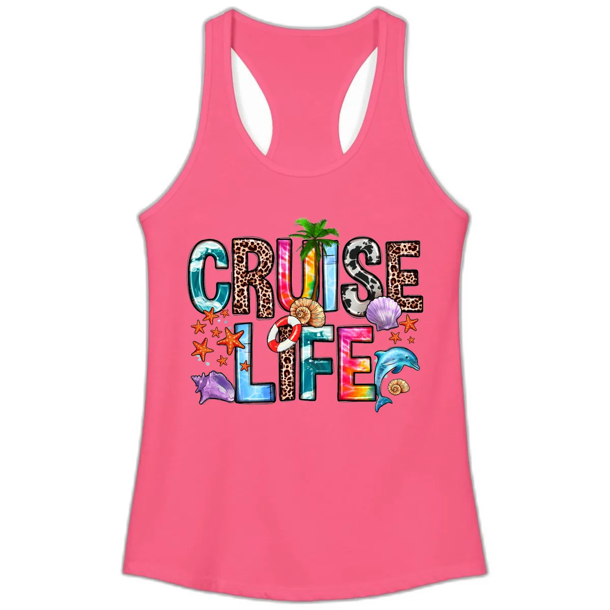 Cruise Life Fun Patterns and Ocean Elements Ladies Tank in Solid Hot Pink