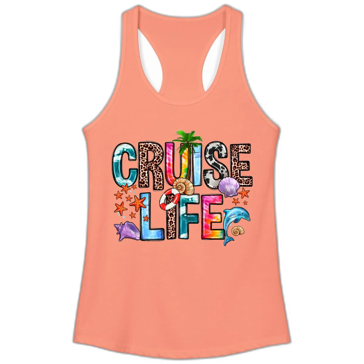Cruise Life Fun Patterns and Ocean Elements Ladies Tank in Solid Light Orange