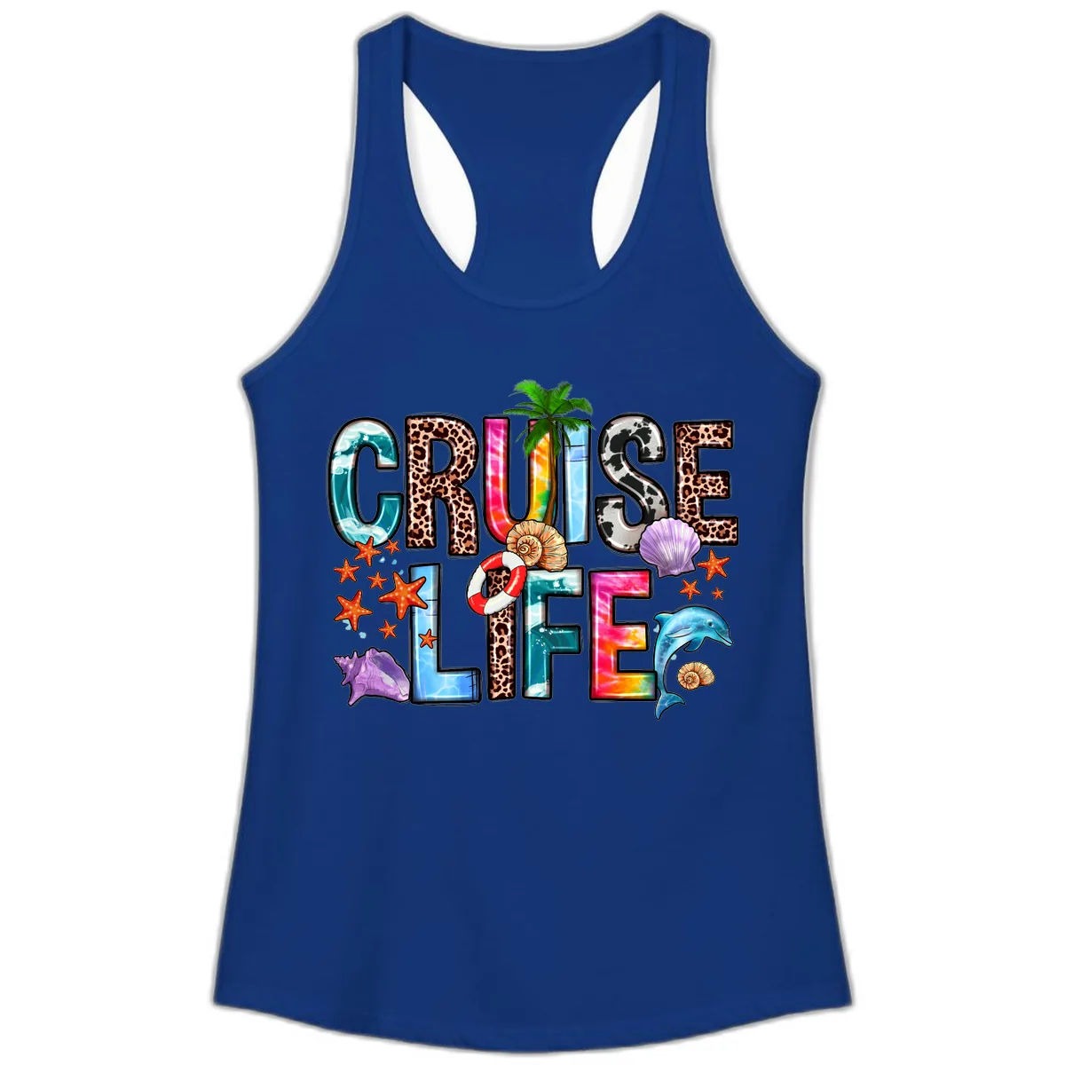 Cruise Life Fun Patterns and Ocean Elements Ladies Tank in Solid Royal