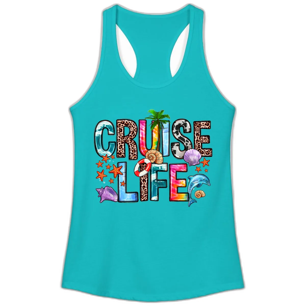 Cruise Life Fun Patterns and Ocean Elements Ladies Tank in Tahiti Blue