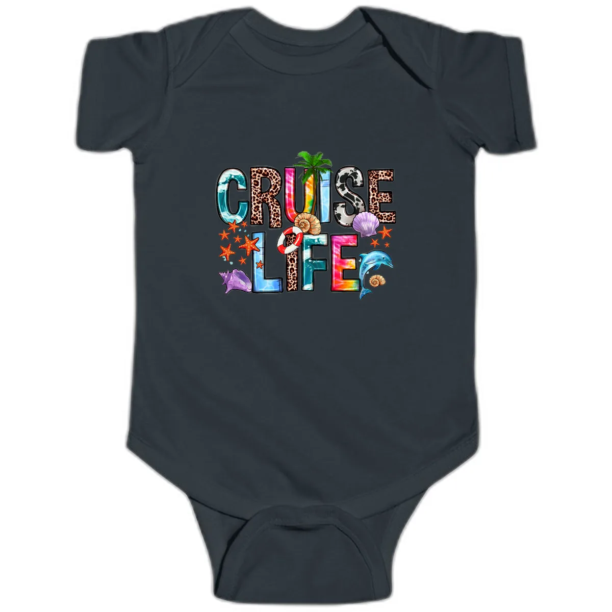 Cruise Life Fun Patterns and Ocean Elements Baby Onesie in Black