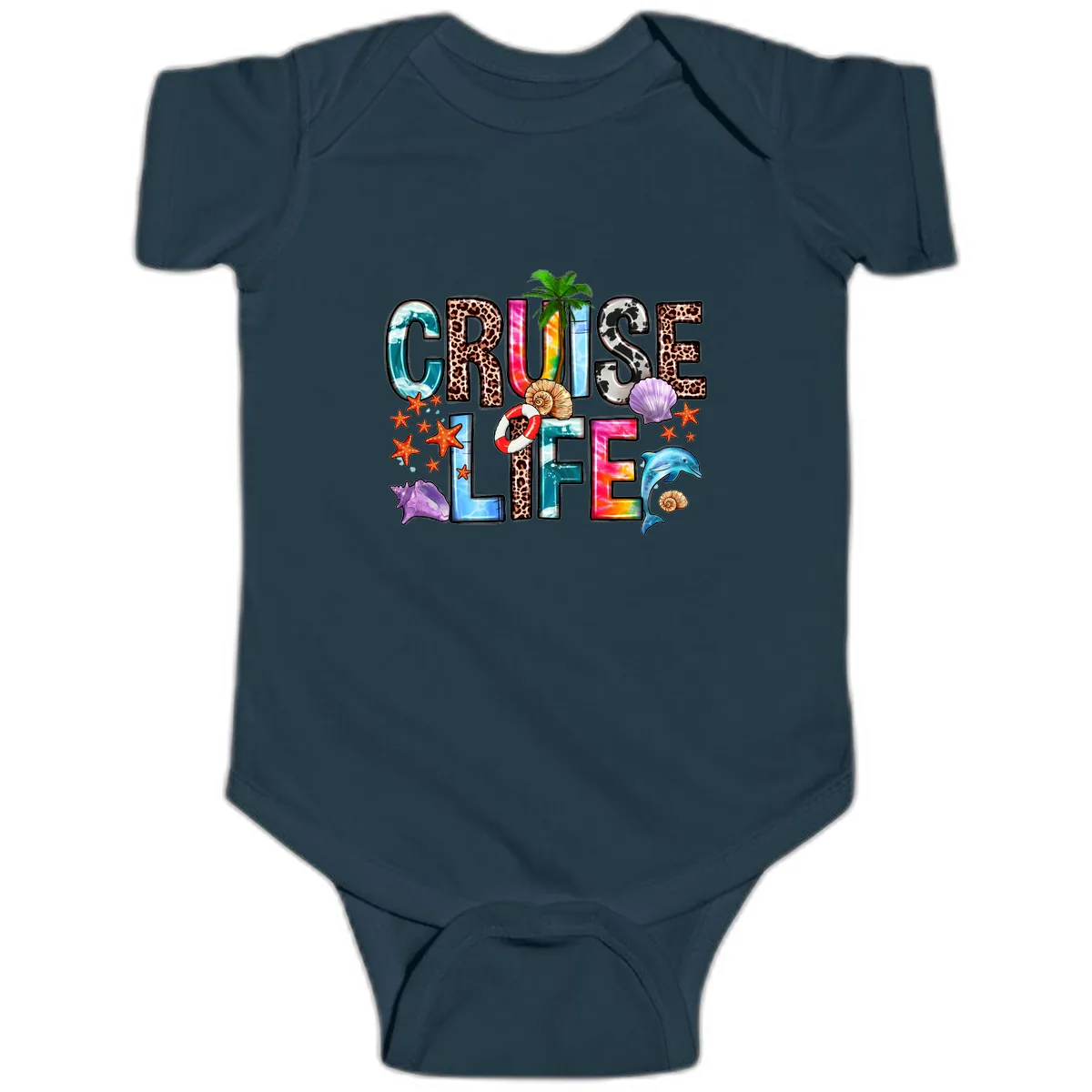 Cruise Life Fun Patterns and Ocean Elements Baby Onesie in Navy