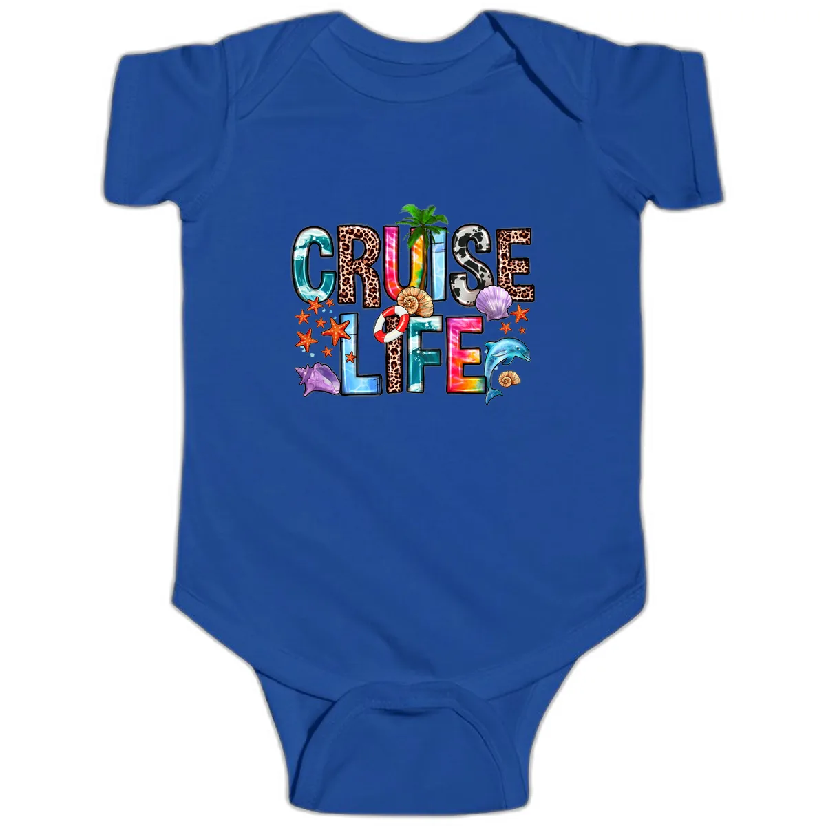 Cruise Life Fun Patterns and Ocean Elements Baby Onesie in Royal