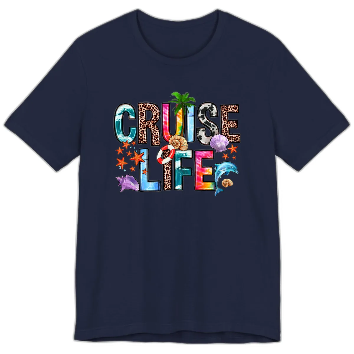 Cruise Life Fun Patterns and Ocean Elements Premium T-Shirt in Navy