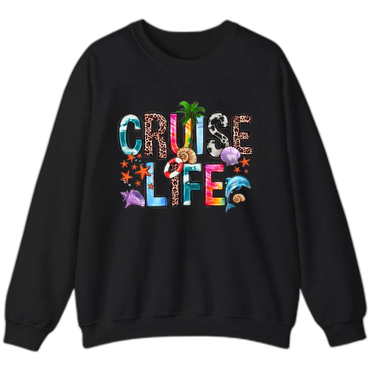 Cruise Life Fun Patterns and Ocean Elements Sweatshirt in Black