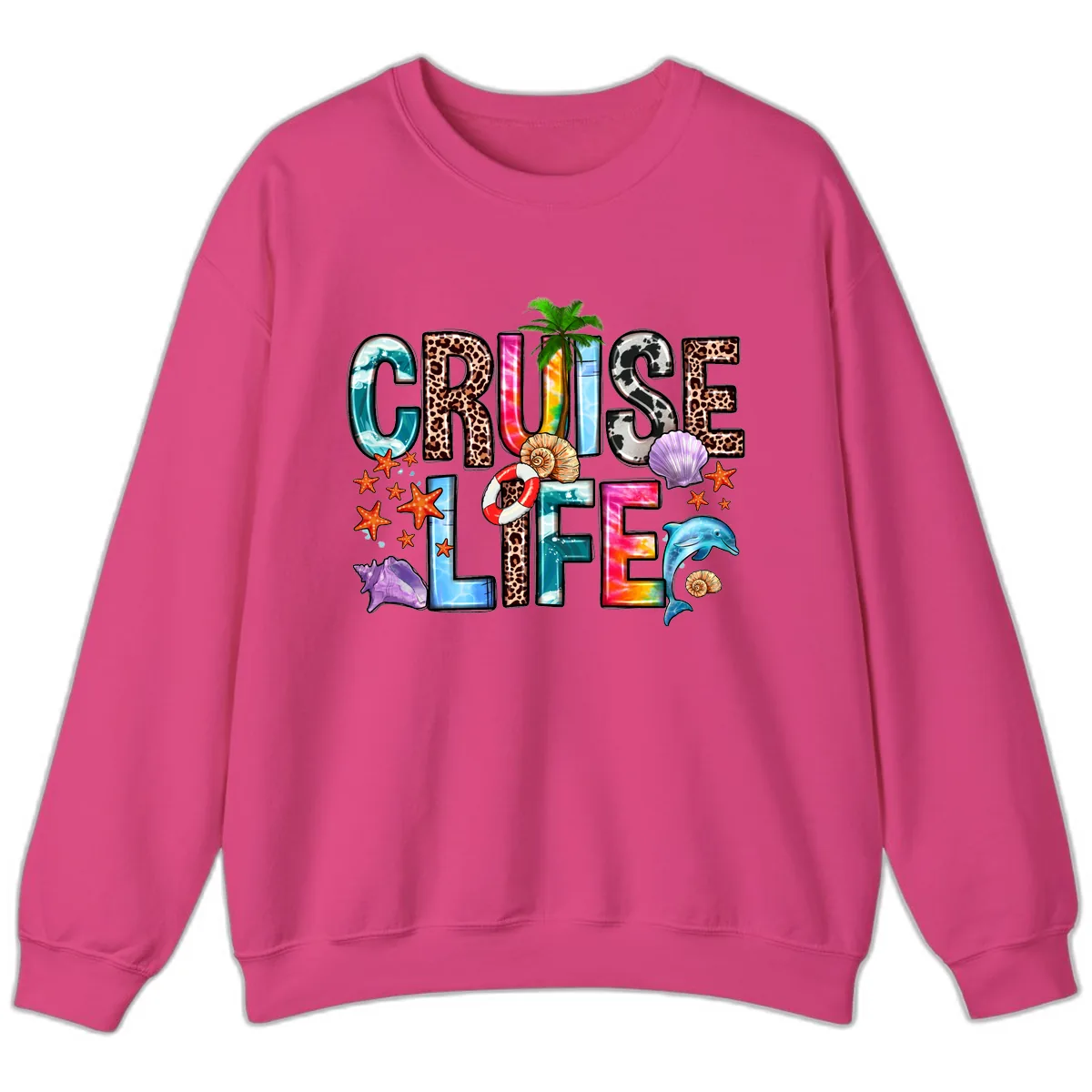 Cruise Life Fun Patterns and Ocean Elements Sweatshirt in Heliconia
