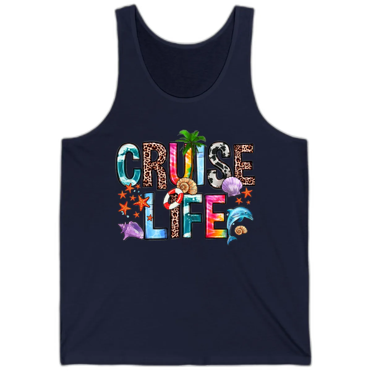 Cruise Life Fun Patterns and Ocean Elements Tank in Navy