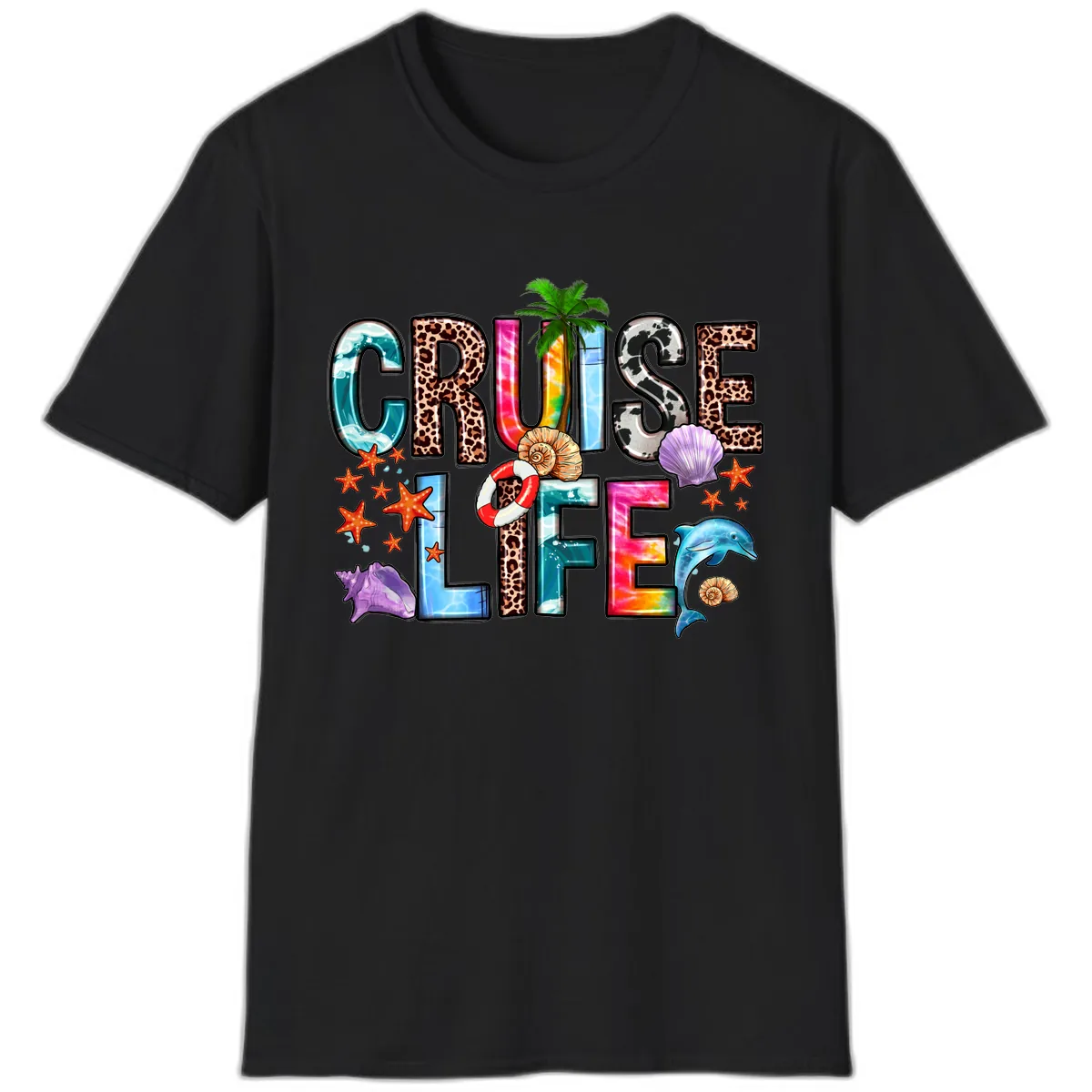 Cruise Life Fun Patterns and Ocean Elements T-Shirt in Black