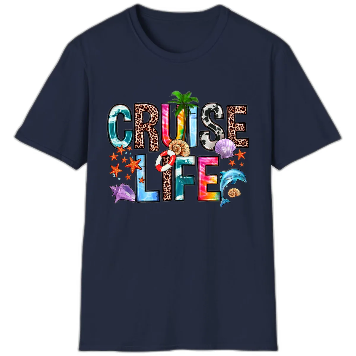 Cruise Life Fun Patterns and Ocean Elements T-Shirt in Navy