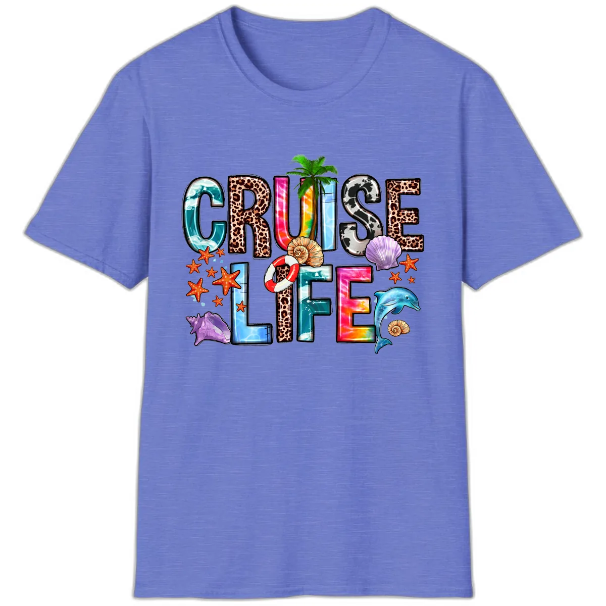 Cruise Life Fun Patterns and Ocean Elements T-Shirt in Heather Royal