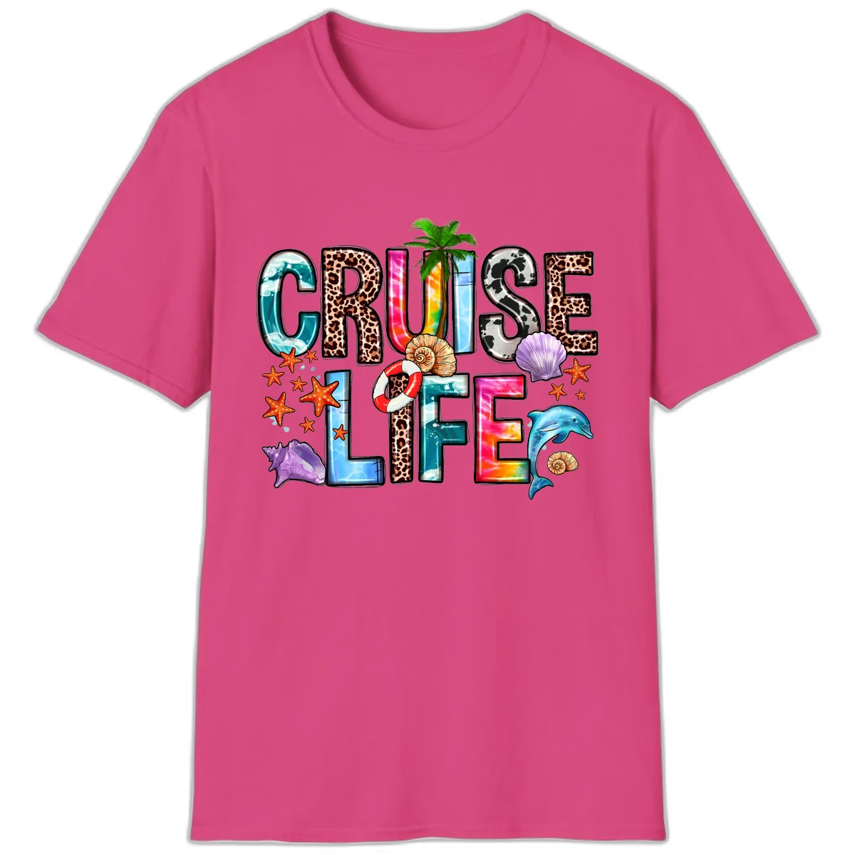Cruise Life Fun Patterns and Ocean Elements T-Shirt in Heliconia