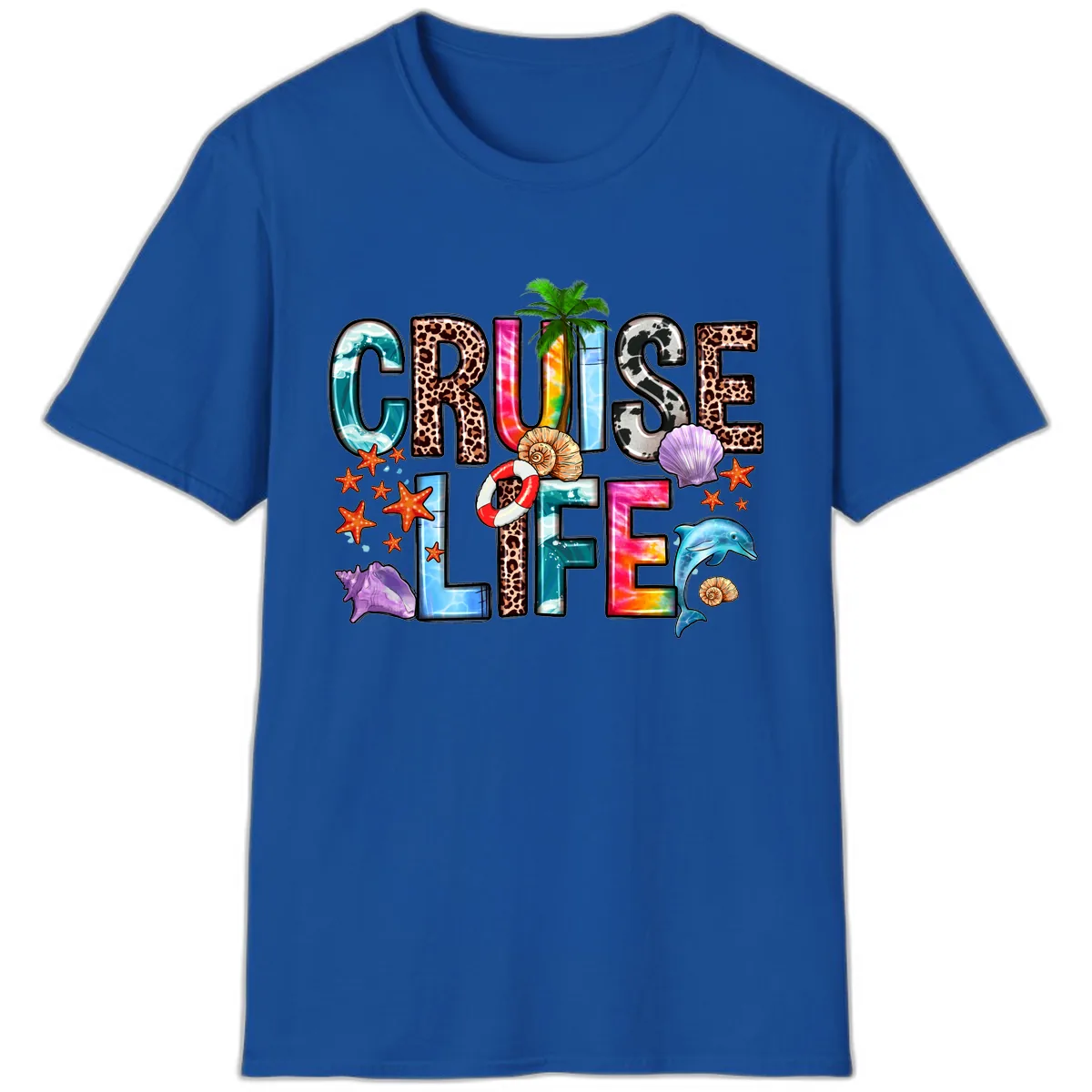 Cruise Life Fun Patterns and Ocean Elements T-Shirt in Royal