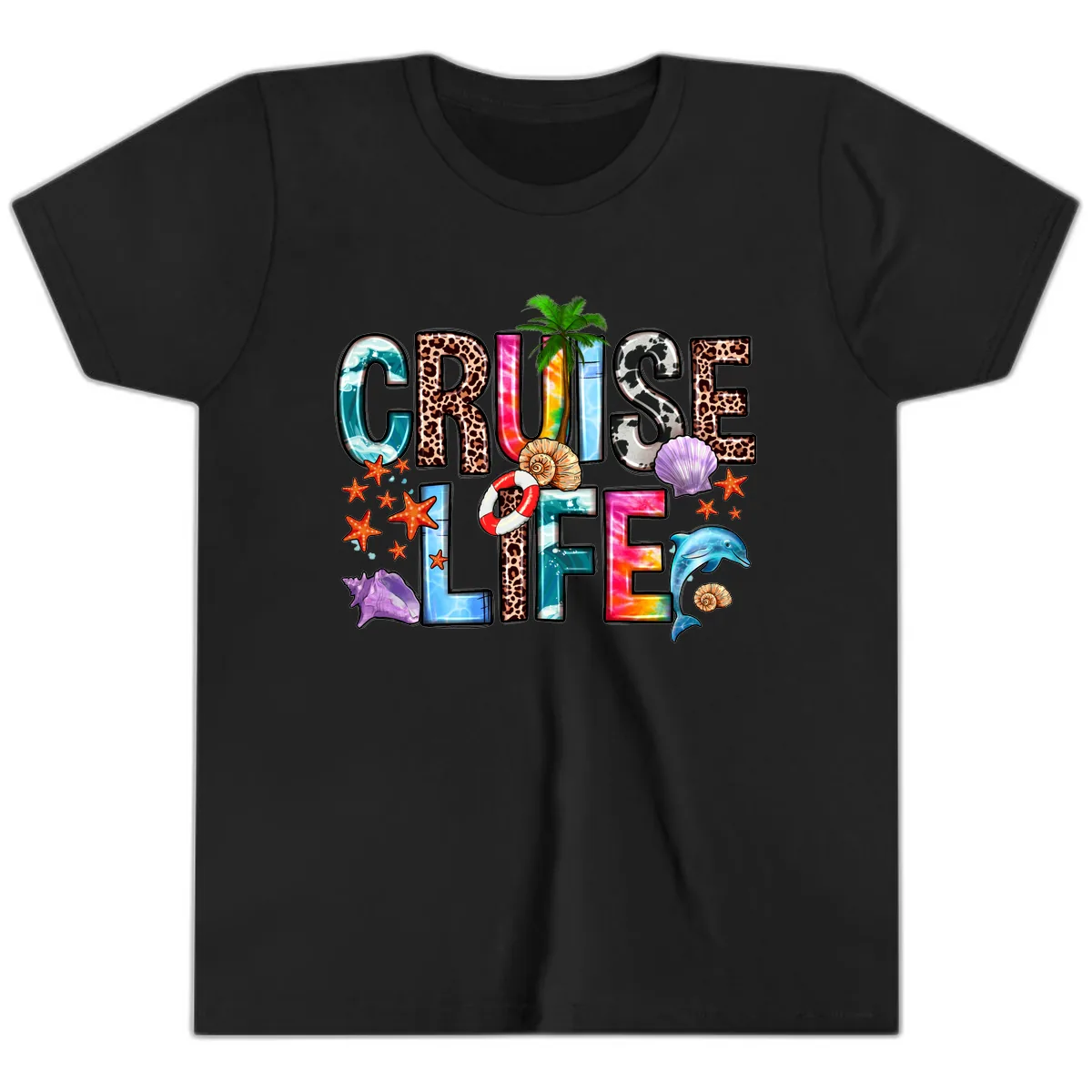 Cruise Life Fun Patterns and Ocean Elements Youth T-Shirt in Black