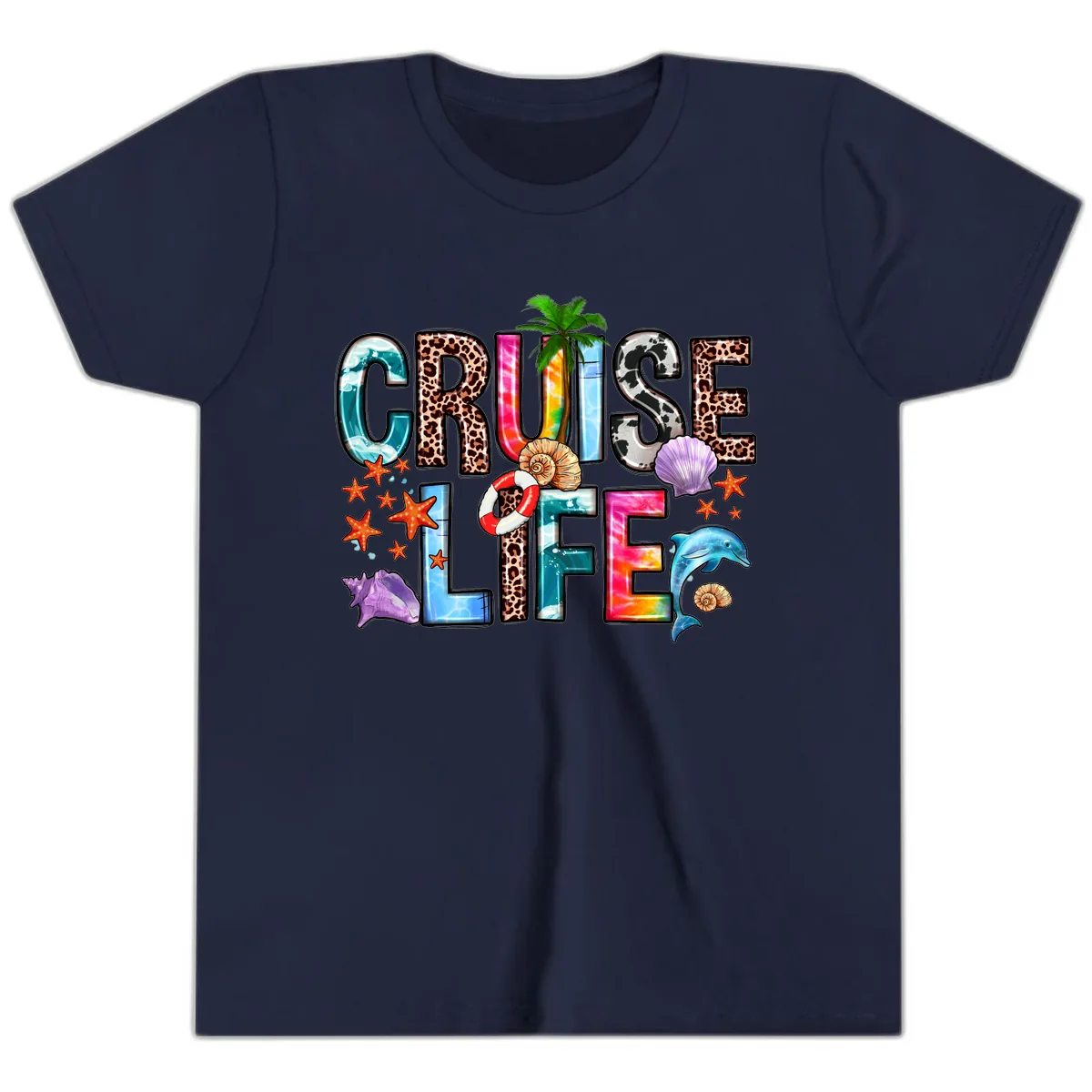 Cruise Life Fun Patterns and Ocean Elements Youth T-Shirt in Navy