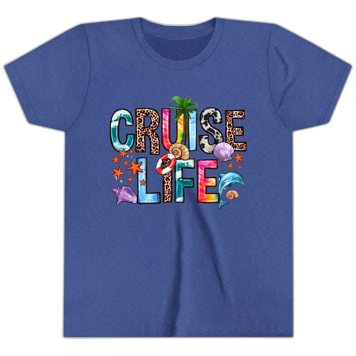 Cruise Life Fun Patterns and Ocean Elements Youth T-Shirt in Heather True Royal
