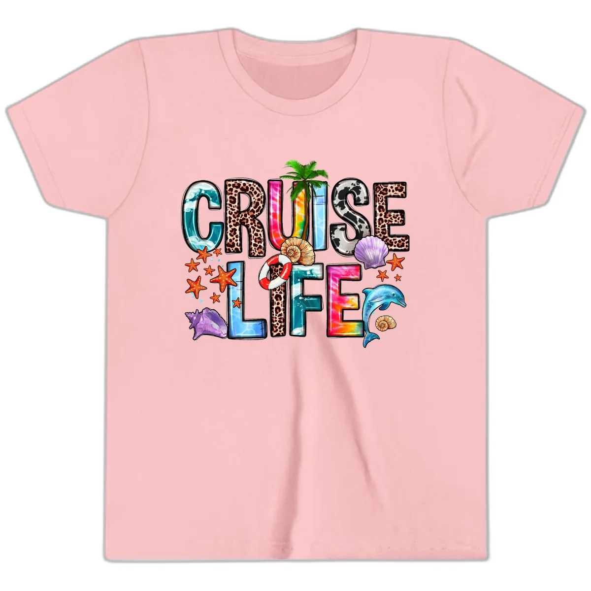 Cruise Life Fun Patterns and Ocean Elements Youth T-Shirt in Pink