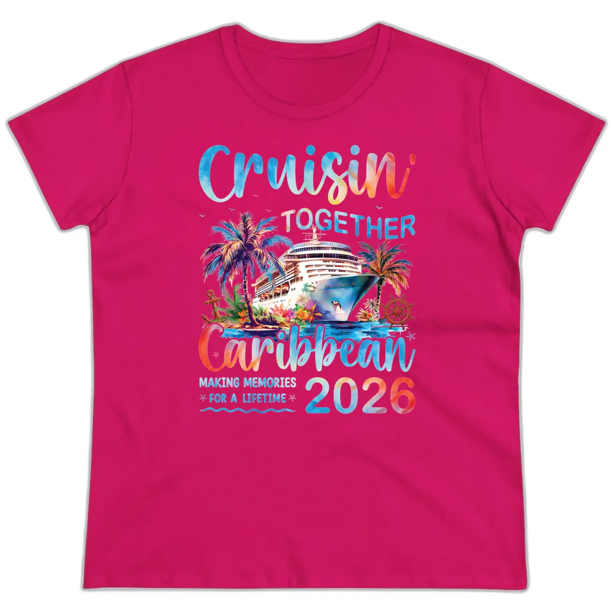 Cruisin' Together Caribbean 2026 Family Memories Cruise Ladies Tee in Heliconia