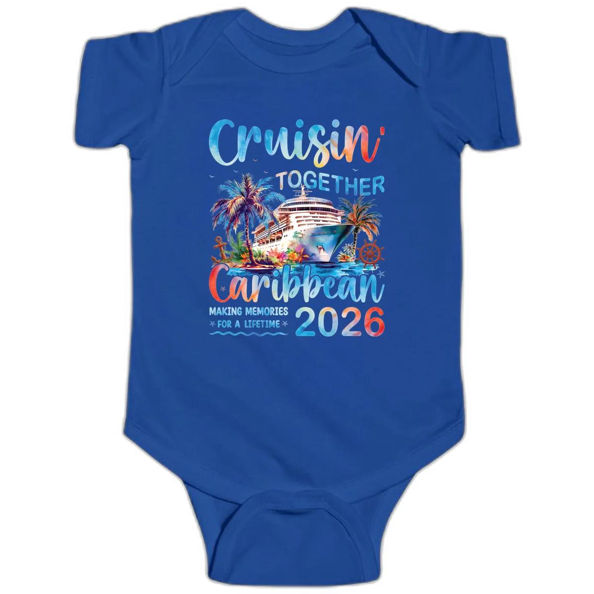 Cruisin' Together Caribbean 2026 Family Memories Cruise Baby Onesie in Royal