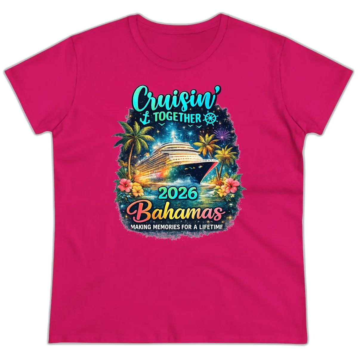 Cruisin' Together 2026 Bahamas Family Vacation Ladies Tee in Heliconia