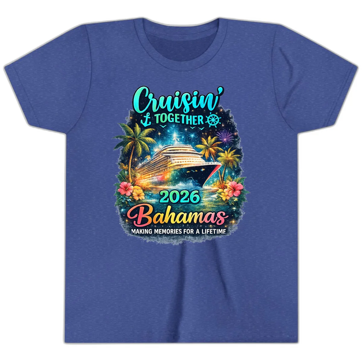 Cruisin' Together 2026 Bahamas Family Vacation Youth T-Shirt in Heather True Royal