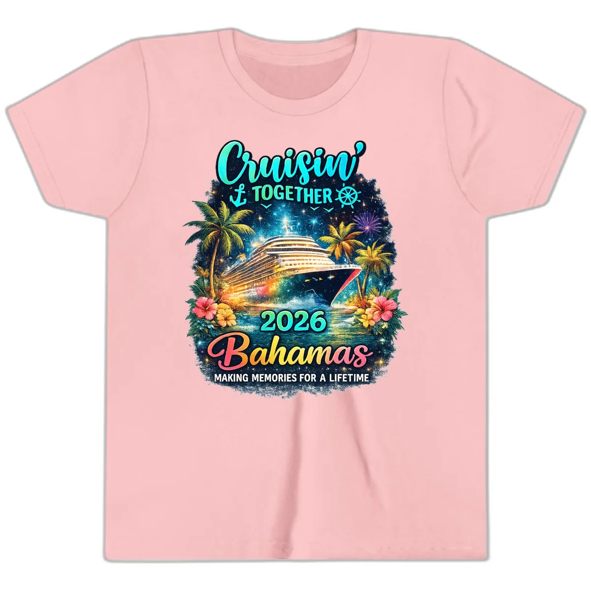 Cruisin' Together 2026 Bahamas Family Vacation Youth T-Shirt in Pink