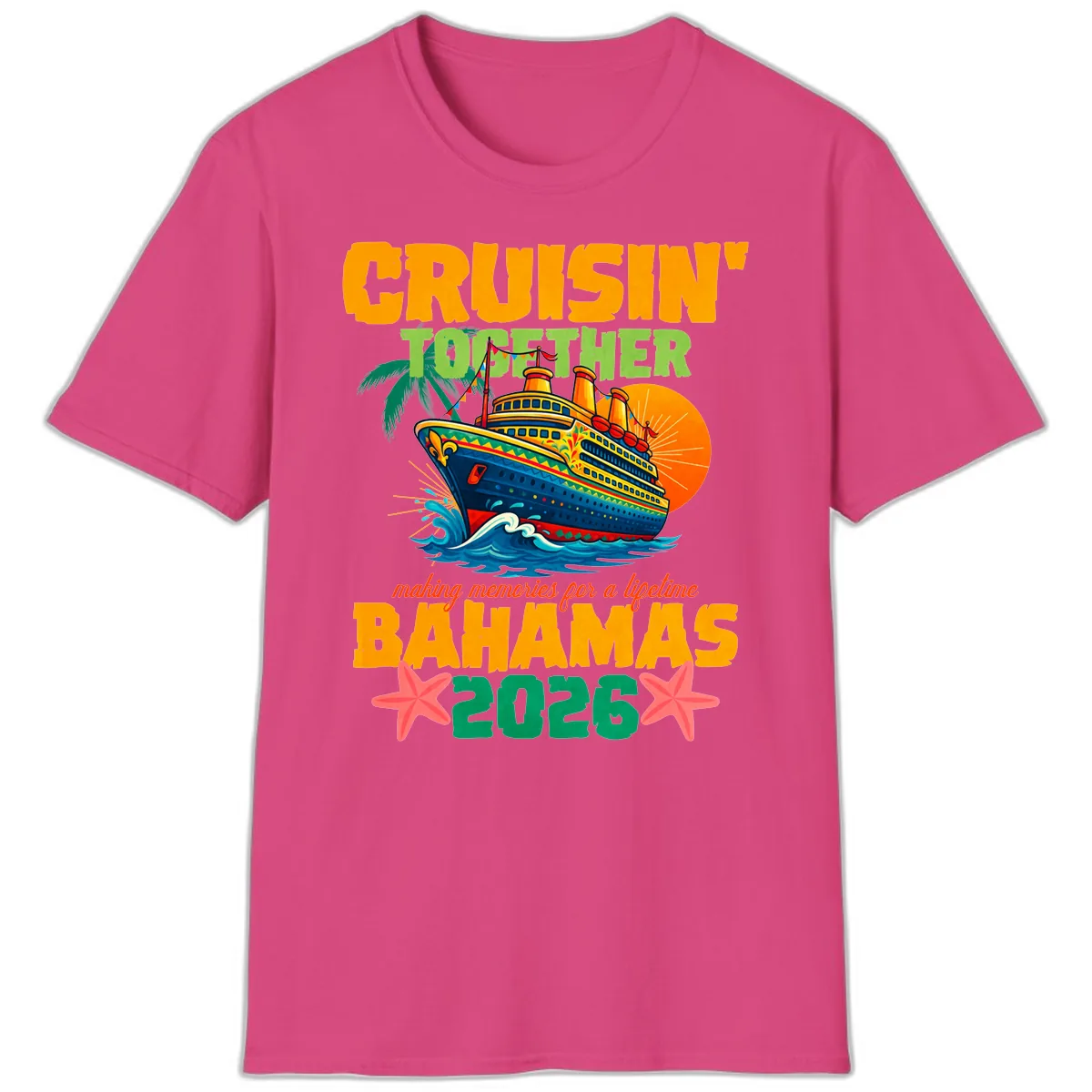 Bahamas 2026 Family Cruise Together Design T-Shirt in Heliconia