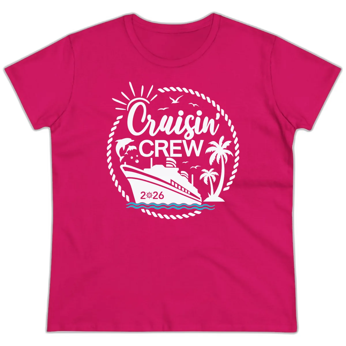Cruisin' Crew 2026 Family Vacation Apparel Ladies Tee in Heliconia