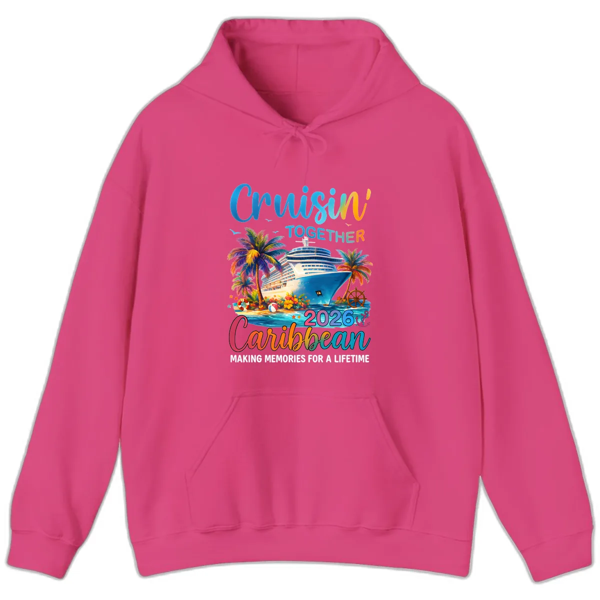 Cruisin' Together Caribbean 2026 Family Vacation Apparel Hoodie in Heliconia