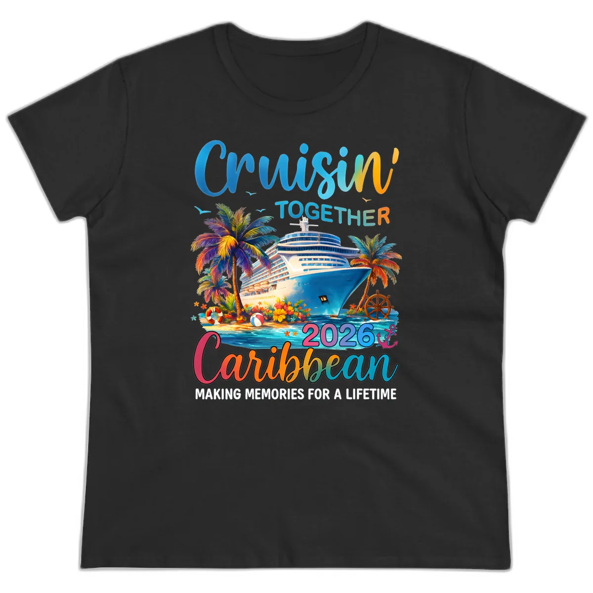 Cruisin' Together Caribbean 2026 Family Vacation Apparel Ladies Tee in Black