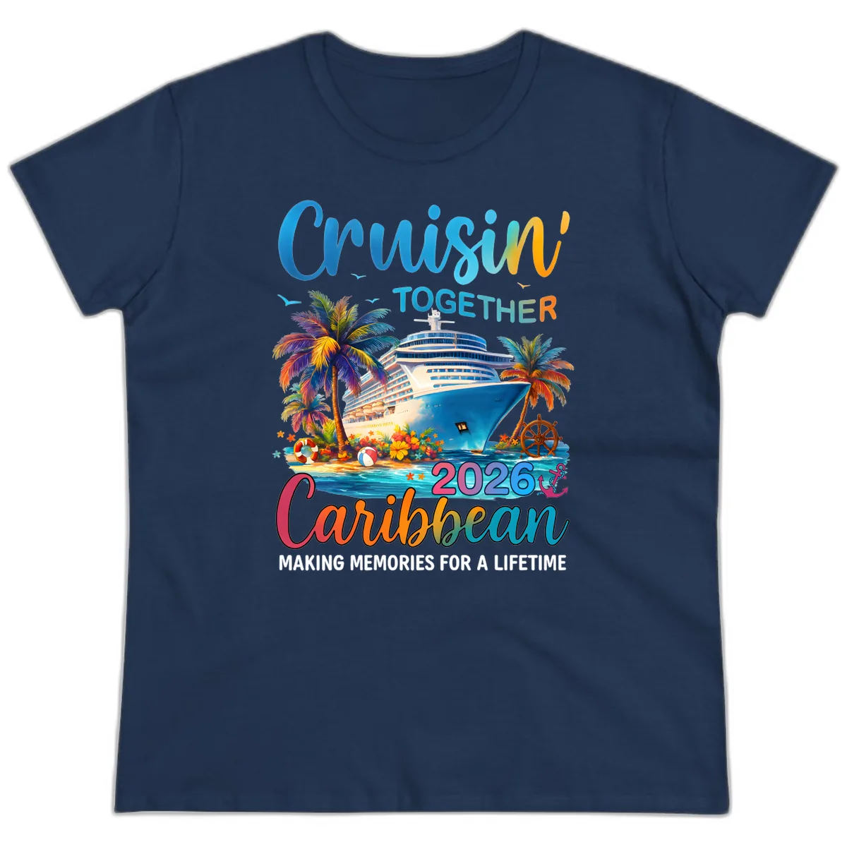 Cruisin' Together Caribbean 2026 Family Vacation Apparel Ladies Tee in Navy