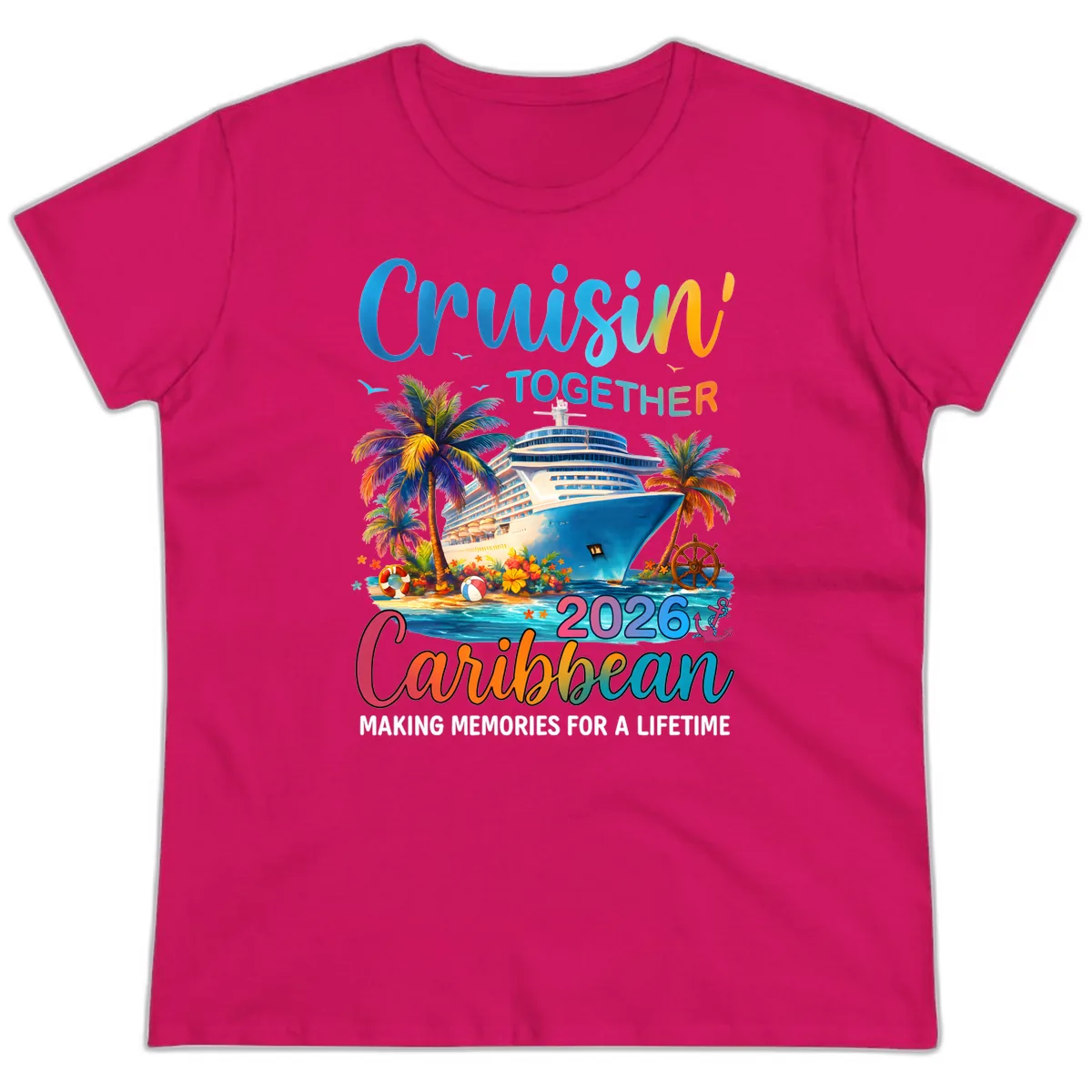 Cruisin' Together Caribbean 2026 Family Vacation Apparel Ladies Tee in Heliconia