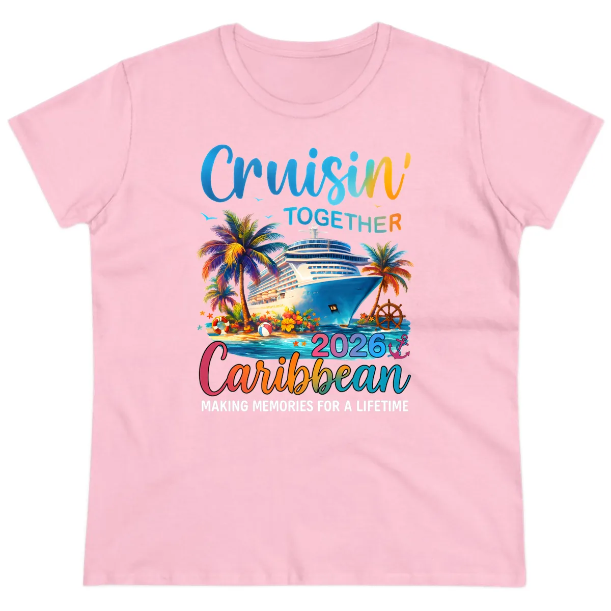 Cruisin' Together Caribbean 2026 Family Vacation Apparel Ladies Tee in Light Pink