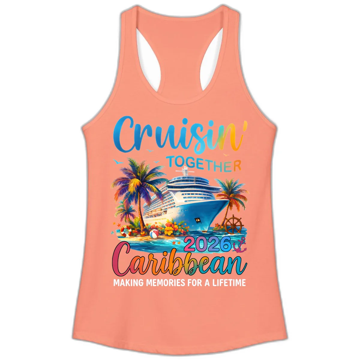 Cruisin' Together Caribbean 2026 Family Vacation Apparel Ladies Tank in Solid Light Orange
