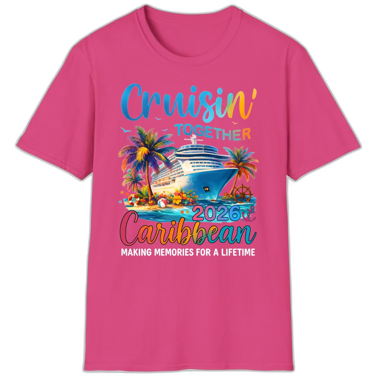 Cruisin' Together Caribbean 2026 Family Vacation Apparel T-Shirt in Heliconia